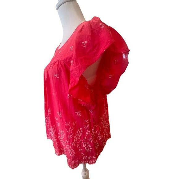 GAP BLOUSE PINK WHITE EMBROIDERED FLOWERS  RUFFLED SLEEVES WOMENS LARGE - Picture 5 of 7